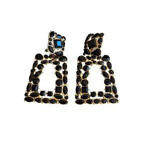 Gold Tone Black Rhinestone Door Knocker Earrings Chunky Pierced Statement 2.75"